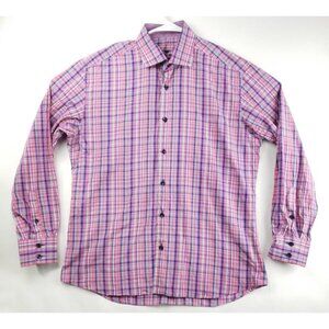 Bertigo Masterpiece Shirt Men Large Pink Blue Plaid Long Sleeve Cotton Flip Cuff